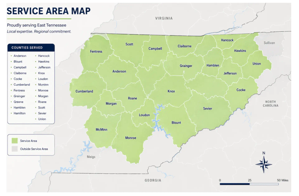 Map of East Tennessee with the 23 counties we deliver water to shaded green, stretching west to Fentress, Cumberland and Morgan, south to Hamilton, McMinn and Monroe, north to Scott, Campbell, Claiborne and Hancock, and east to Hawkins, Greene, Cocke and Sevier, with Knoxville near the center of the shaded area.