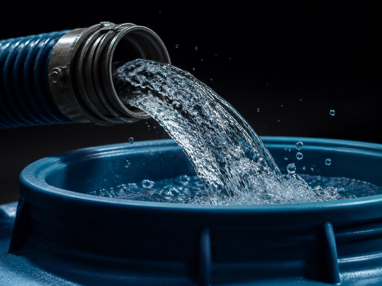 Clean potable water filling a storage tank from a delivery hose