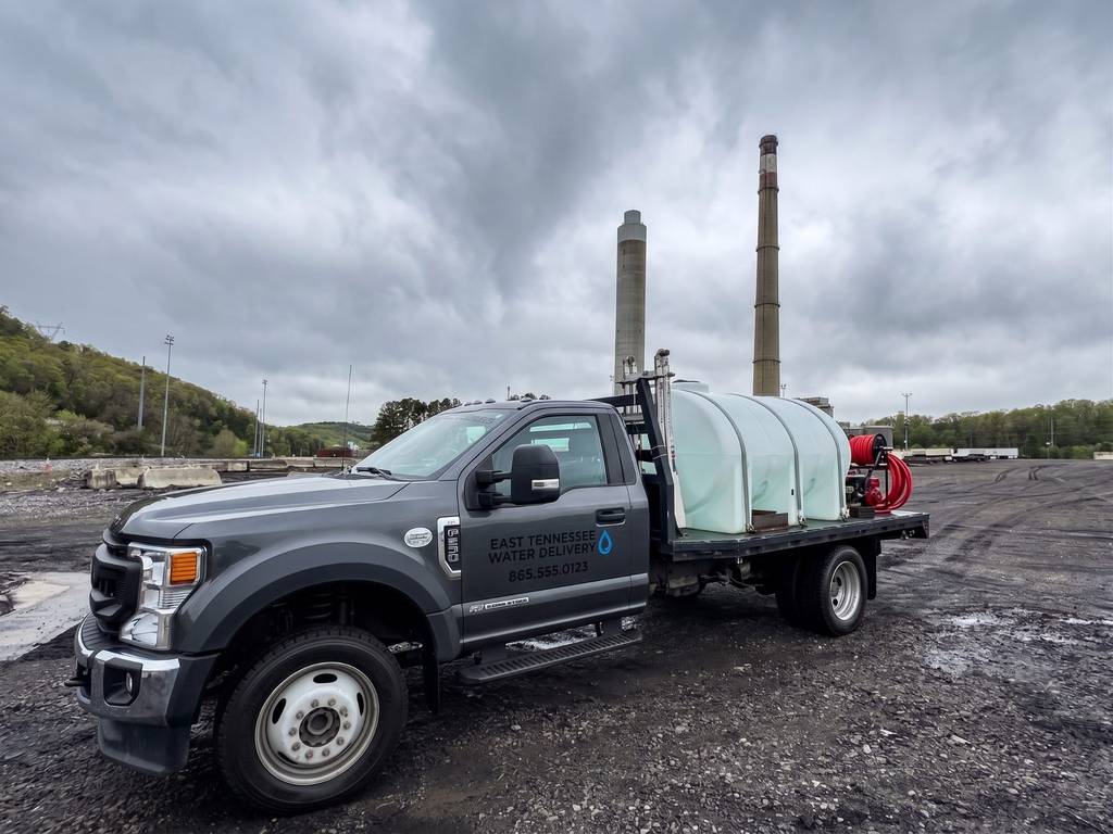 The East Tennessee Water Delivery truck on site with cooling towers behind it, serving Townsend, Tennessee