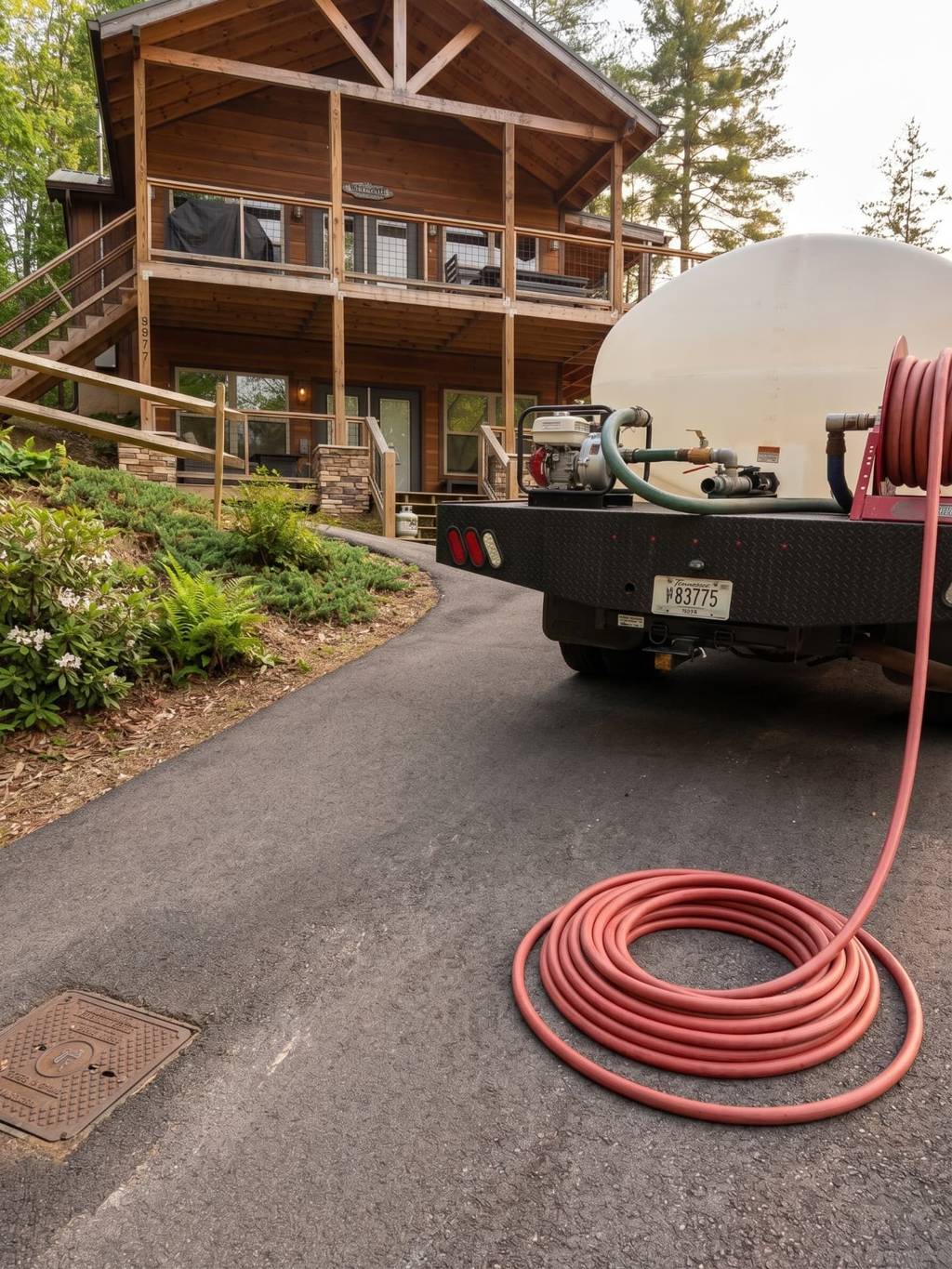 The delivery truck's red fill hose reel at the rear of the tank, staged at a cabin ready to run water