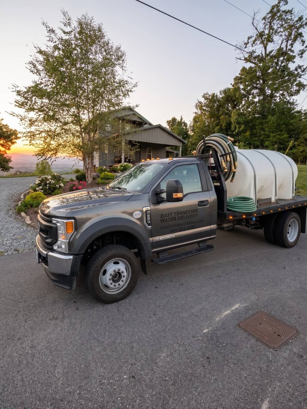 The water delivery truck on the drive up to a large mountain cabin at golden hour